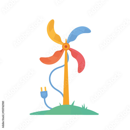 Colorful wind turbine illustration with a playful design on a grassy hill, representing renewable energy and eco-friendliness, concept of energy companies or environmental organizations