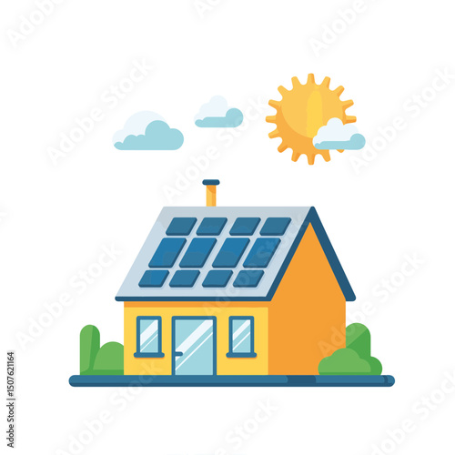 Colorful solar panel house illustration with bright sun and clouds, representing renewable energy and eco-friendly living, concept of real estate or construction