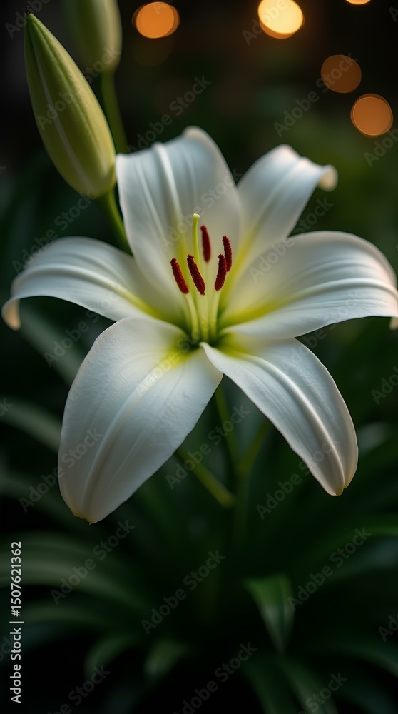 Fototapeta premium White Lily Flower Close Up at Night with Bokeh Lights. Floral Elegant Blossom in Garden in Tranquil Peaceful and Calm Atmosphere, Fresh Natural Plant, Closeup