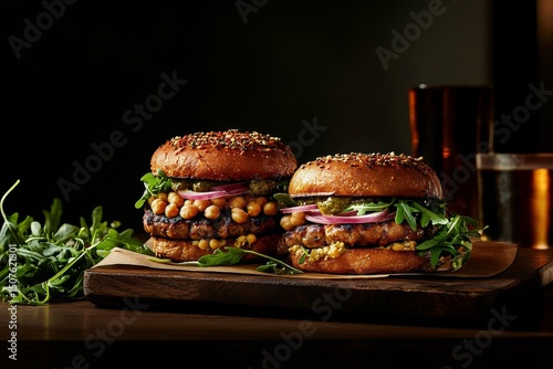 Delicious Gourmet Burgers With Fresh Ingredients Displayed on a Wooden Board