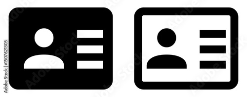 Vector illustration of two ID card icons one solid filled and one outlined. Perfect for user interface design, identification, profiles, contact info, business, and security related graphics.
