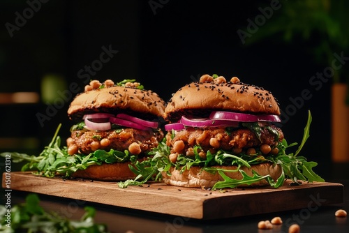 Delicious Gourmet Burgers With Fresh Ingredients Displayed on a Wooden Board