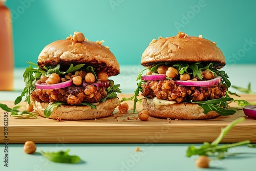 Delicious Chickpea Burgers Served With Fresh Greens and Onions on a Wooden Board