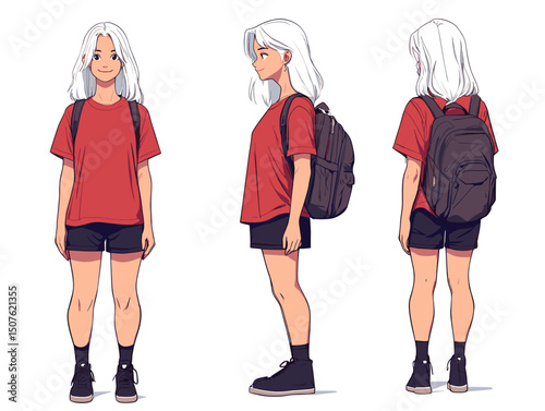 School Day Style: A young woman showcases school attire from various angles, highlighting the casual, everyday style of a student ready for learning. 
