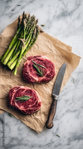 Fresh Steaks With Rosemary and Asparagus Arranged on a Marble Countertop for ...