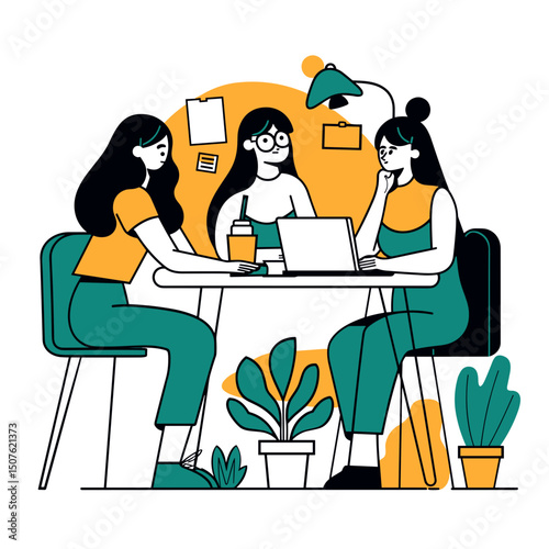 Creative minds at work: Illustration of three people engrossed in a collaborative session at a sleek table, each with an inquisitive expression, sharing ideas.