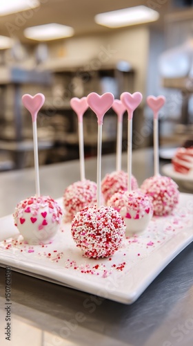 Heart-shaped Cake Pops Decorated With Sprinkles on a White Plate in a Kitchen...