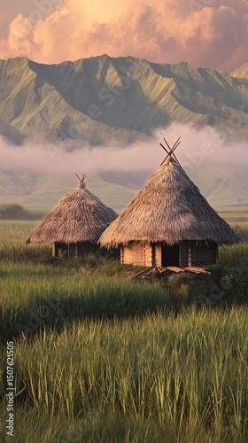 Rural Huts Surrounded by Green Fields and Majestic Mountains at Sunset