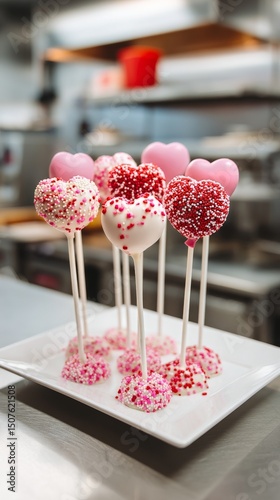 Heart-shaped Cake Pops Decorated With Sprinkles on a White Plate in a Kitchen...