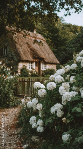 Charming Thatched Cottage Surrounded by Blooming White Hydrangeas in a Serene...