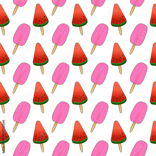 Seamless cartoon summer pattern with vector illustration of colorful ice cream on a stick on white background. For Summertime, food, dessert, refreshing design, or National Ice Cream Day celebration.