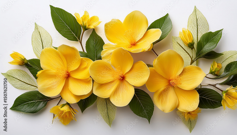 Fototapeta premium yellow flowers blooming with green leaves on white background