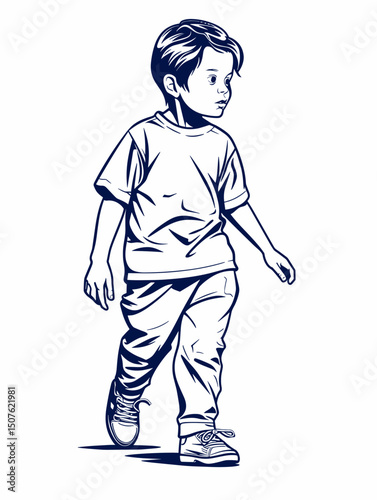 Young Boy Walking: A stylish young boy strolls confidently, captured in a cool and trendy illustration that exudes youthful energy and playful curiosity.