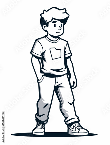 Boy Cartoon Character: A charming illustration of a young boy, exuding a friendly demeanor, rendered in a clean, modern style, with a playful depiction of innocence and youth.