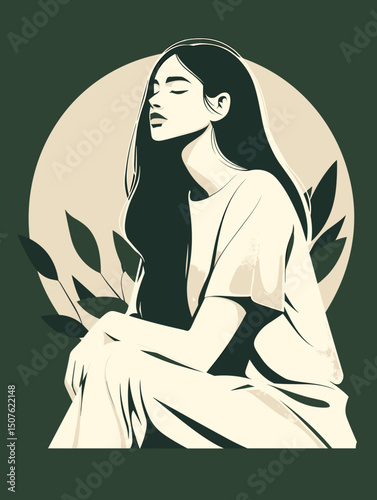 Serene Contemplation: A woman sits calmly with closed eyes, a minimalist design reflecting inner peace, the soft colors and stylized leaves enhance the feeling of calm.