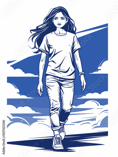 Graceful Stroll in the Sky: A young woman confidently strides forward, her silhouette beautifully outlined against a stylized sky, embodying determination.