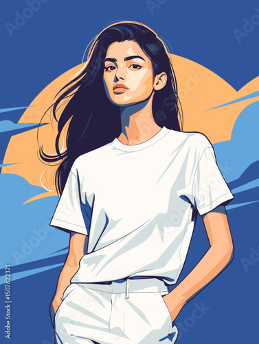 Confident Woman in a Stylish Pose: A stunning portrait of a woman with long, flowing hair standing confidently, exuding charisma and grace. This stylish image encapsulates modern fashion.