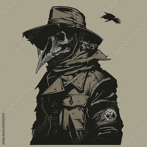 The Plague Doctor: A haunting depiction of a Plague Doctor, garbed in a vintage coat and hat, sets a somber mood. The image is detailed with a crow flying, a symbolic nod to death.