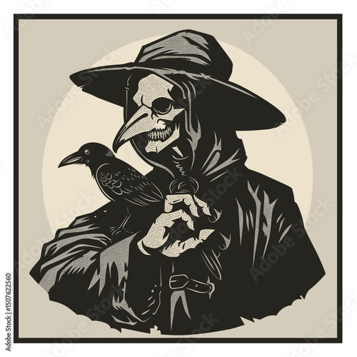 Mysterious Plague Doctor and Raven Illustration: A striking illustration of a plague doctor with a skull face, and crow. Mysterious and evocative.