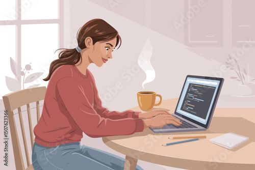 Woman Working on a Laptop in a Cozy Home Office, A young woman in a cozy home office setting, focused on her laptop.