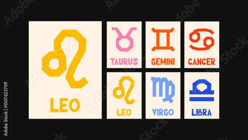 Matisse-style vector calendar with minimal graphic zodiac icons, floral ornaments, abstract linework and organic shapes — artistic layout for modern horoscopic planning.