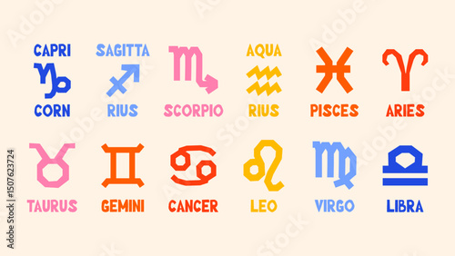 Naive floral zodiac calendar with abstract star sign icons, wavy shapes, groovy textures and seasonal botanical details — perfect for artistic wall decor.