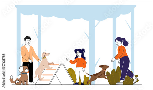 Playground for dogs. Man and woman with kids and pets walking outdoors. Owners with domestic animals in park. Training and active lifestyle. Linear vector illustration