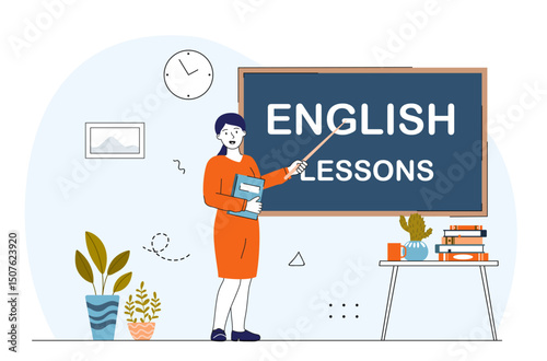 English teacher in class. Woman with pointer near blackboard. Education, learning and training. Primary school teacher teaches alphabet. Linear vector illustration