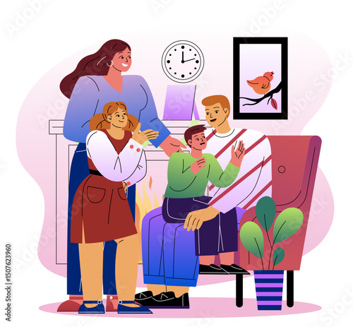 Happy family at home. Father and mother with kids spending time together. Husband, wife, son and daughter in living room. Good family relations. Flat vector illustration