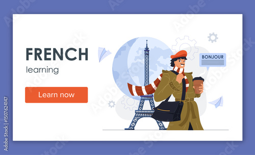 French learning landing page. Woman near Eiffel Tower. Travel and trip. Young girl in France. Holiday and vacation. Poster or banner for website. Flat vector illustration