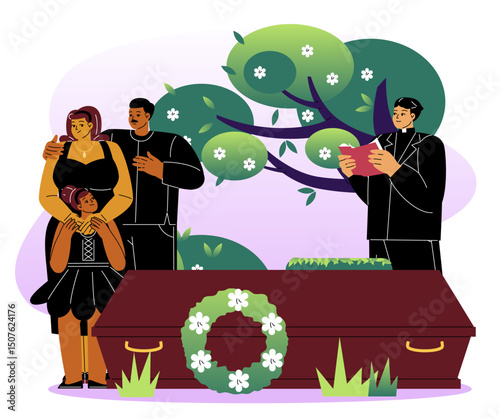 People at funeral ceremony. Sad man, woman and girl near coffin. Unhappy family at cemetery with priest. Burial service. Sadness and depression. Flat vector illustration