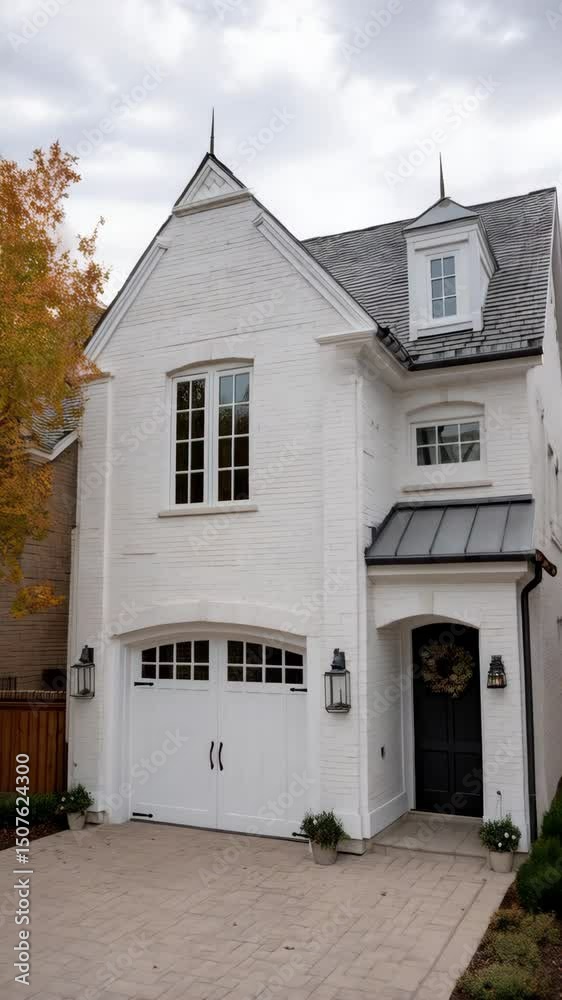 Charming white brick house facade featuring an attached garage and elegant black front door adorned with a festive wreath