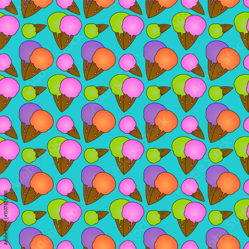 Seamless summer pattern with cute vector illustration of cartoon colorful ice cream waffle cones on a blue background. For Summertime, and refreshing design, or National Ice Cream Day celebration.