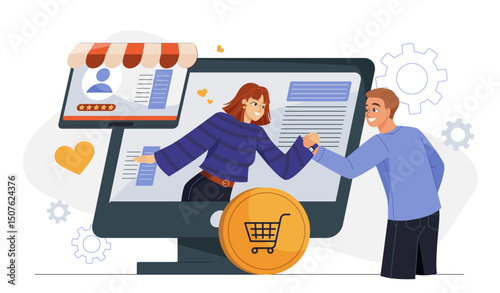 Interactive shop engagement concept. Man and woman shake hands through computer screen. Online shopping and electronic commerce. Marketing on internet. Flat vector illustration