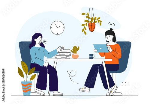 People at job interview. HR manager talk with candidate for vacancy. Hiring and recruitment, job searching process. Business communication. Linear vector illustration