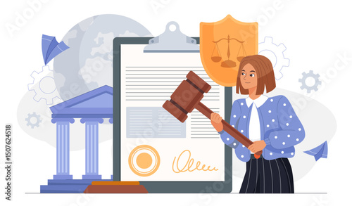 Judge woman concept. Woman with judges gavel near courthouse. Justice and judgement. Legal support of deals. Notary, lawyer or attorney. Flat vector illustration