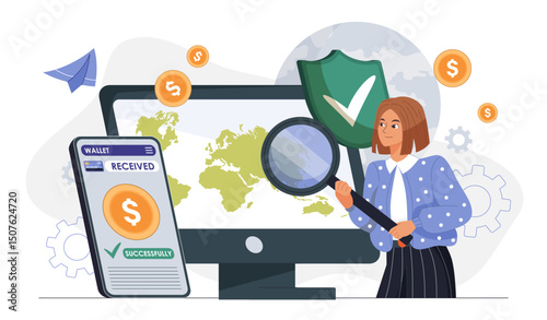 Woman with money transfer. Young girl with magnifying glass near computer screen. International transactions and online banking. Businesswoman with electronic money. Flat vector illustration