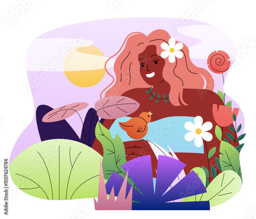 Woman in nature. Young girl among flowers and birds. Beauty, aesthetics and elegance. Awareness and mindfulness. Peace and inner balance. Flat vector illustration