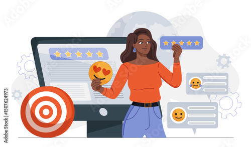 Woman read online review. Young girl read customers opinion on internet. Ranking and rating, reputation. Clients satisfaction and users feedback. Flat vector illustration