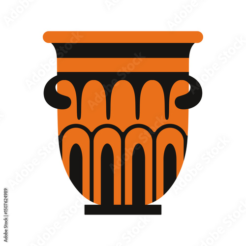 Ancient Greek krater illustration with bold black and orange arch patterns and curved side handles. Perfect for themes involving classical history, archaeology, mythology, and ancient civilizations.