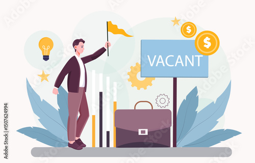 Man with open vacancy. Businessman with flag near briefcase. Employer searching candidates for vacancy. Hiring and recruitment, headhunting. Flat vector illustration