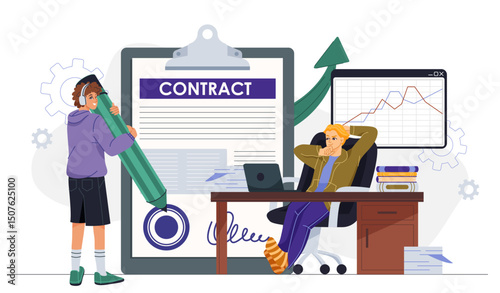 Partnership agreement concept. Two men near contract document. Businessman and investor make deal. Collaboration and cooperation, partnership. Flat vector illustration