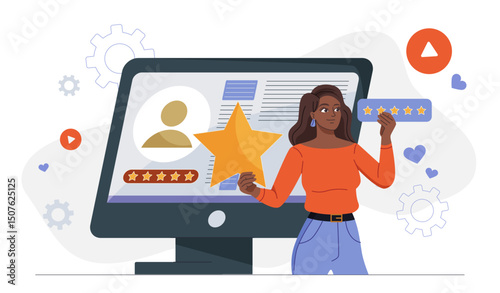 Woman evaluate product service. Young girl ranking goods on internet. Feedback and users opinion. Marketing and promotion on internet. Rating and reputation. Flat vector illustration