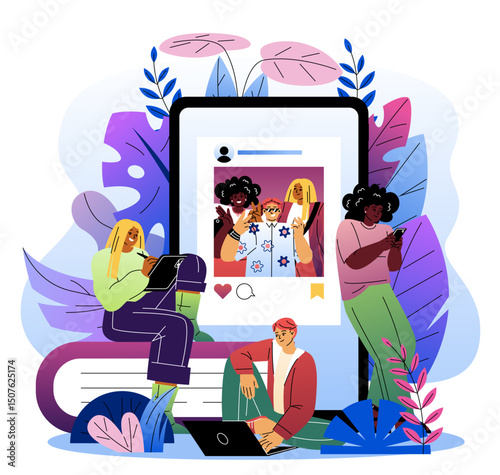 Photo post on social networks. Man and women with smartphones looking at photos on social media. People relax on internet. Online communication and interaction. Flat vector illustration