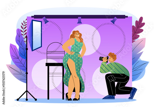 Photographer with model. Man with camera takes picture of young girl. Creativity and art. Attractive woman posing in studio. Fashion and style. Flat vector illustration