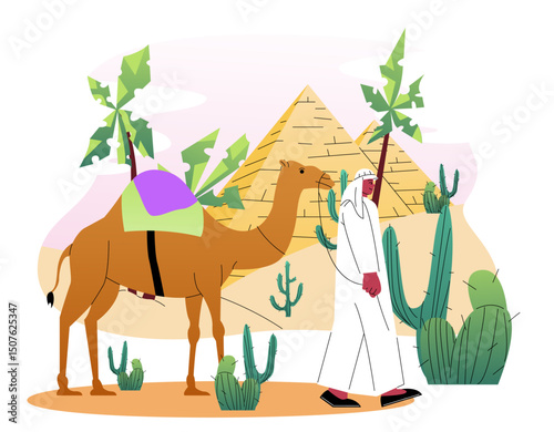 Arab man near pyramids. Guy in traditional islamic clothes with camel in desert. Egypt or Qatar. Beautiful sandy landscape and panorama. Flat vector illustration