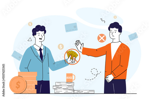Man refuses bribe. Businessman offers money to young man. Official refuses to break laws. Crime and fraud, corruption, bribery. Uncorrupted politician. Linear vector illustration