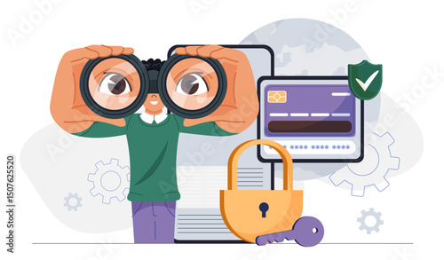 Man with secure payment. Young guy with binoculars near padlock and bank card. Cashless money transfer. Transactions on internet. Electronic wallet. Flat vector illustration