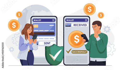 People sending money online. Man and woman near smartphones with coins. Cashless transfers and transactions. Electronic secure payment. Online banking. Flat vector illustration