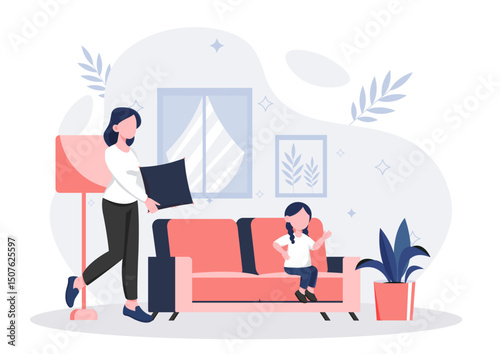 Setting up home. Woman with pillow and girl on sofa. Routine and household chores. Mother and daughter spending time together. Comfort and coziness indoors. Flat vector illustration